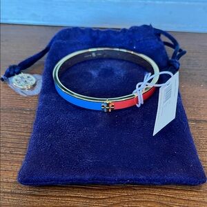 NWT Tory Burch Two-Tone Blue & Red Kira Enamel 7mm. Logo Hinge Bracelet
